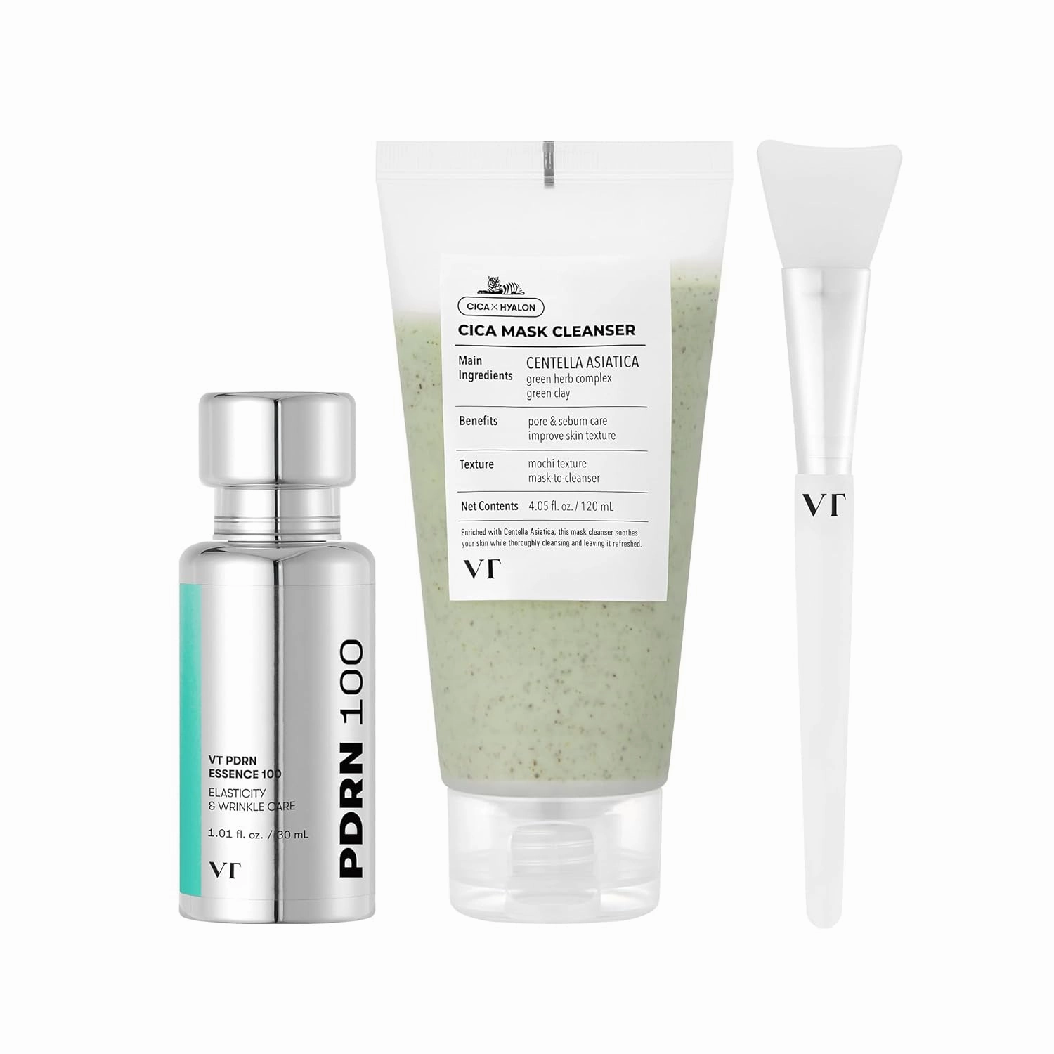 VT COSMETICS Bundle PDRN Essence 100 & CICA Mask Cleanser with Brush, 100,000 PPM PDRN Glow Serum, Centella Asiatica Clay Mask-to-Foam Cleanser, Hydrating, Korean Skincare