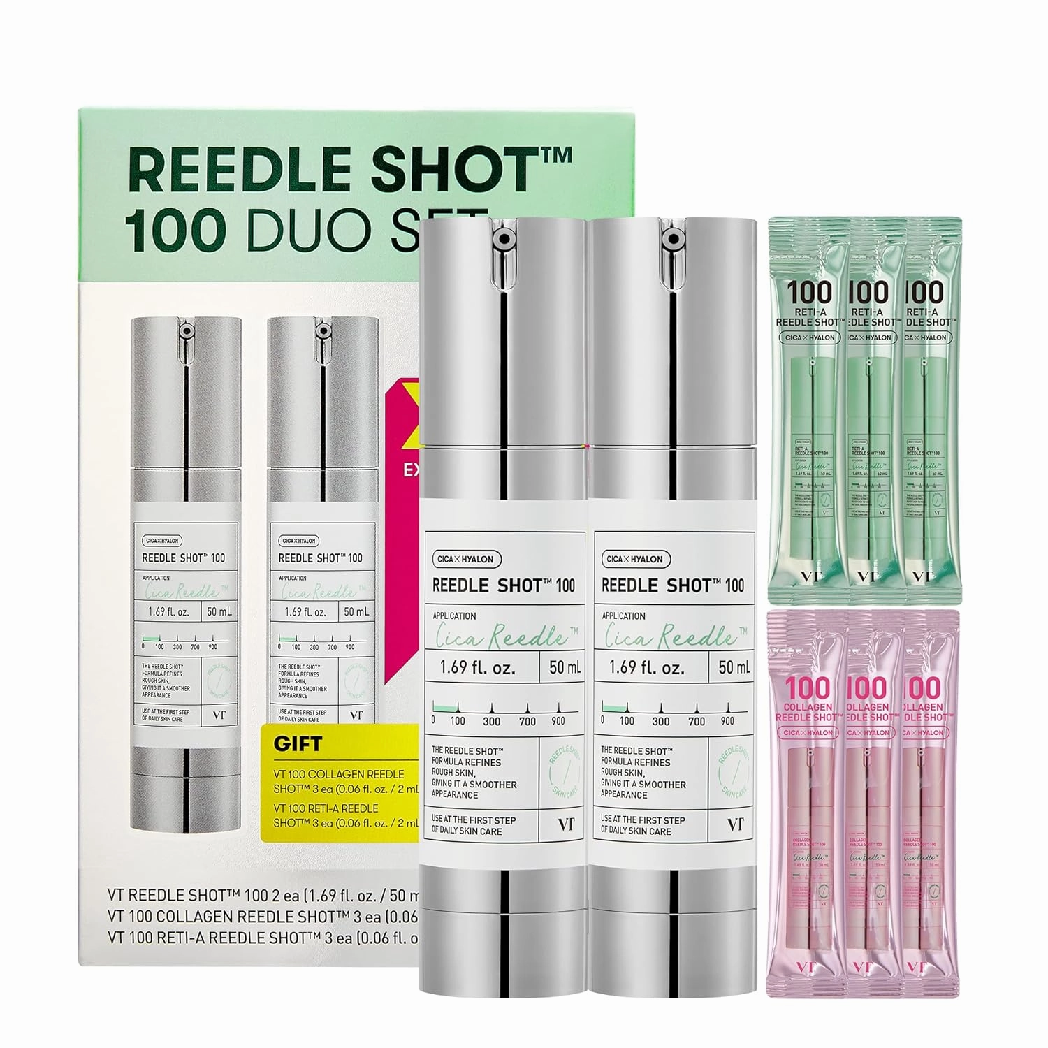 VT COSMETICS Reedle Shot 100 Duo Set with Collagen & Retinol Reedle Shot Pouch (Gift) – Exosome Microneedling Serum, Exfoliating, Soft & Glass Skin, Korean Skincare (1.69 fl. oz x2 / 0.06 fl. oz x6)