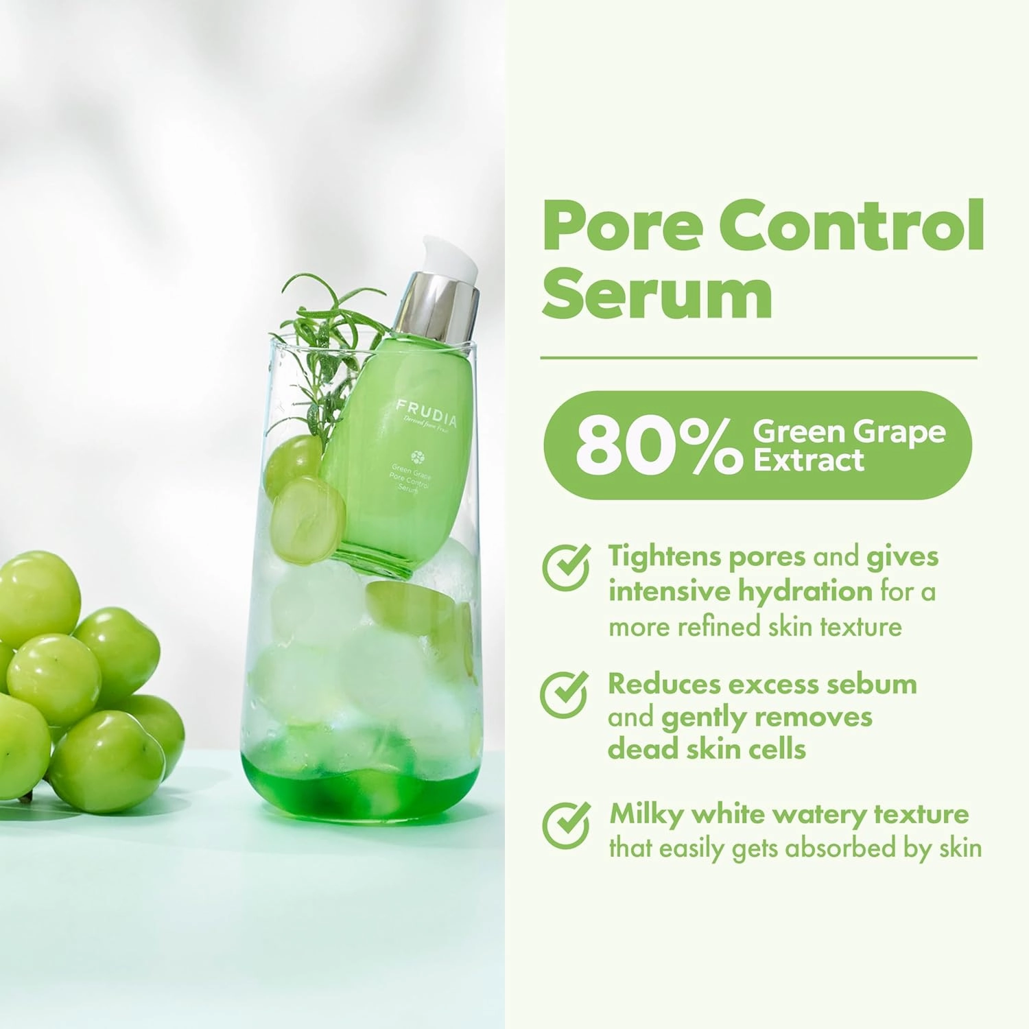 WELCOS FRUDIA Green Grape Pore Control Serum | Pore Minimizer Serum w/GG Extract, Tannin Pore Complex & Anti Sebum P | Korean Skin Care Serum for Sensitive Skin | Hydrating Serum (1.76 fl oz)