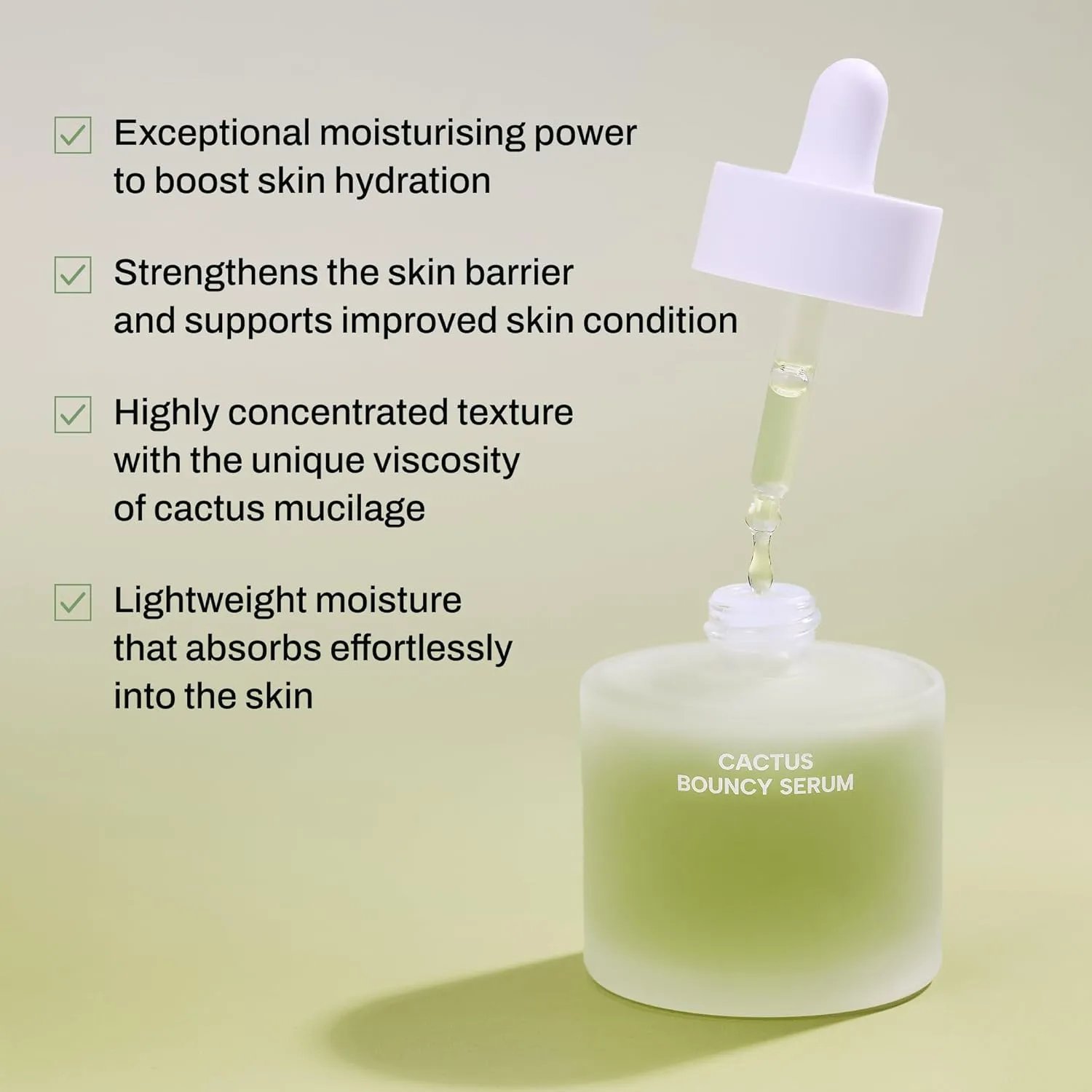 Whamisa Organic Cactus Bouncy Serum, 48 hrs Inner Skin Moisture, 72 hrs Hydrating and Moisturizing, Postbiotics, Facial Ampoule (52ml)