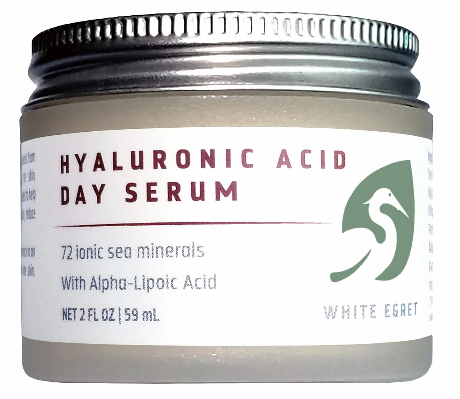 White Egret Hyaluronic Acid Day Serum with 72 Ionic Minerals and Alpha-Lipoic Acid for Strengthening, firming, and tightening skin, 2 fl. oz