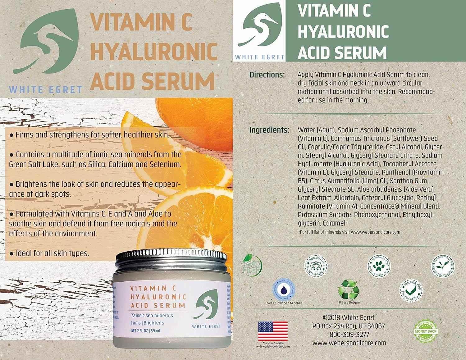 White Egret Hyaluronic Acid with Vitamin C, 72 Ionic Minerals from The Great Salt Lake for Firming, and brightening Skin, 8 fl. Oz