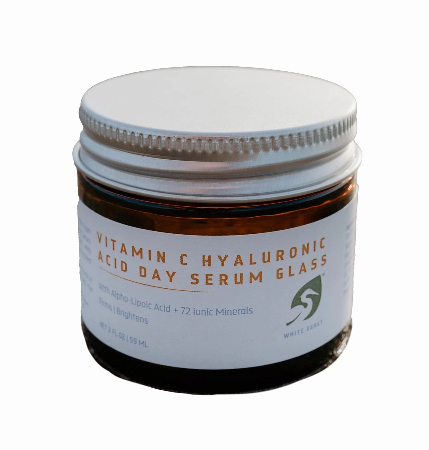 White Egret Hyaluronic Acid with Vitamin C, 72 Ionic Minerals from the Great Salt Lake for Firming, and brightening skin in a glass 2 fl. Oz Jar
