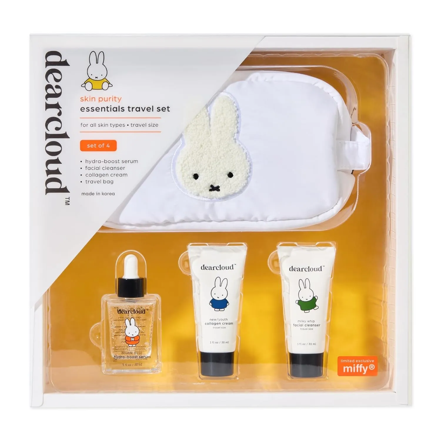 x Miffy Skin Purity Essentials Travel Set of 4 ($55 Value) - Korean Skin Care Travel Set – Hydrating Korean Skin Care Travel Essentials Set with Cosmetic Bag