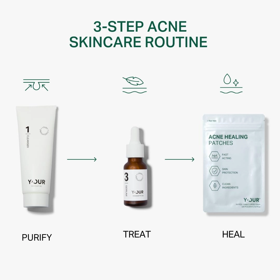 Y’OUR Essential 3-Step Acne Kit: Purifying Cleanser, Anti-Acne Serum & Healing Patches; Pimple Clearing, Pore Minimizing Skincare Routine. Made in USA. Suitable for All Skin Types