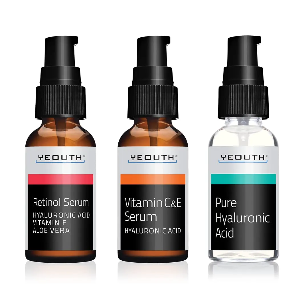 YEOUTH Face Serum Set Retinol Serum, Vitamin C Serum, Hyaluronic Acid Serum Set, Anti Aging Facial Skin Care Set, Anti Aging Face Serums for Brightening, Hydrating & Wrinkles 3-pack