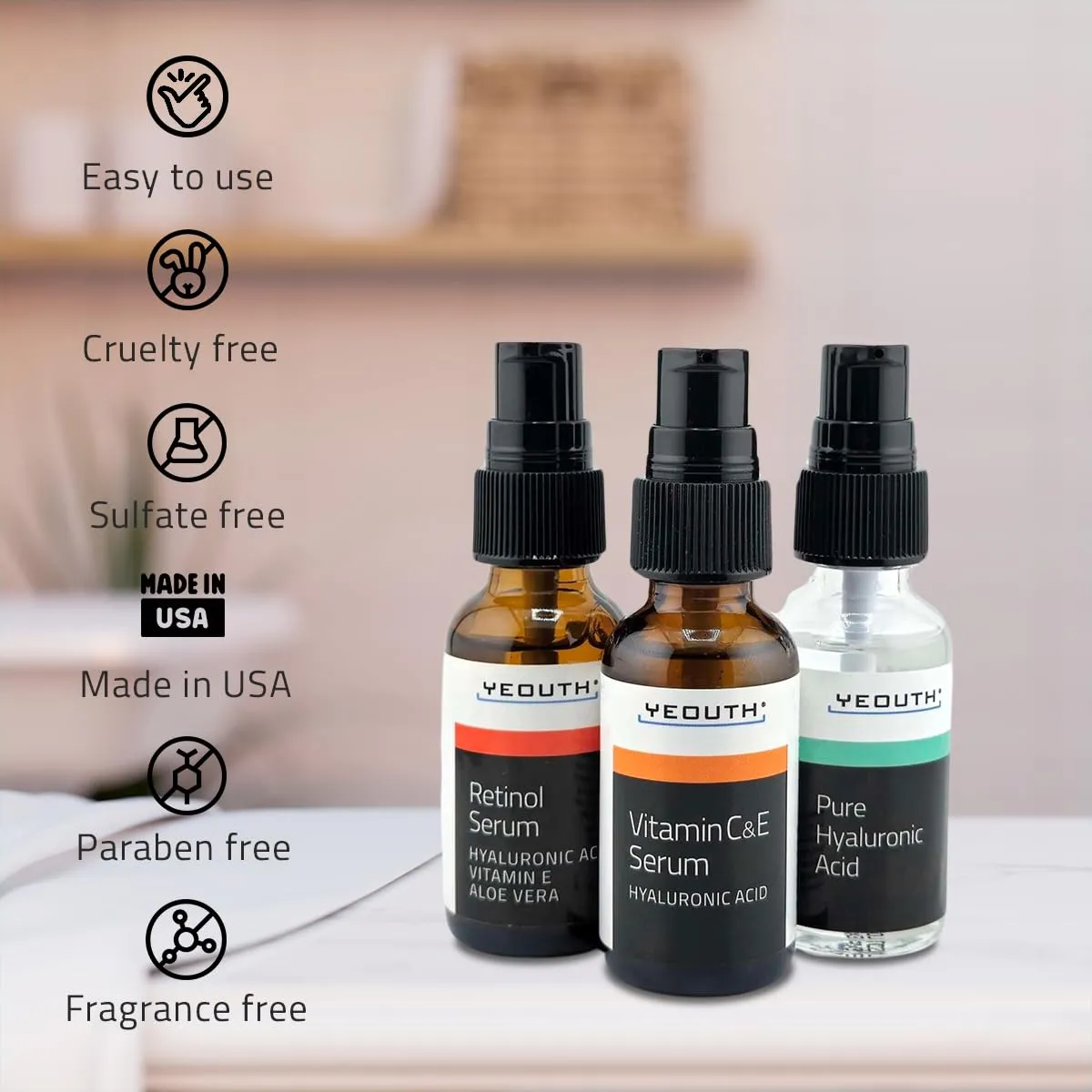 YEOUTH Skin Care Set: Hyaluronic Acid Serum for Face, Retinol Serum for Face and Vitamin C, Skincare Set Targets Appearance of Uneven Skin Tone and Dryness 3x1 oz