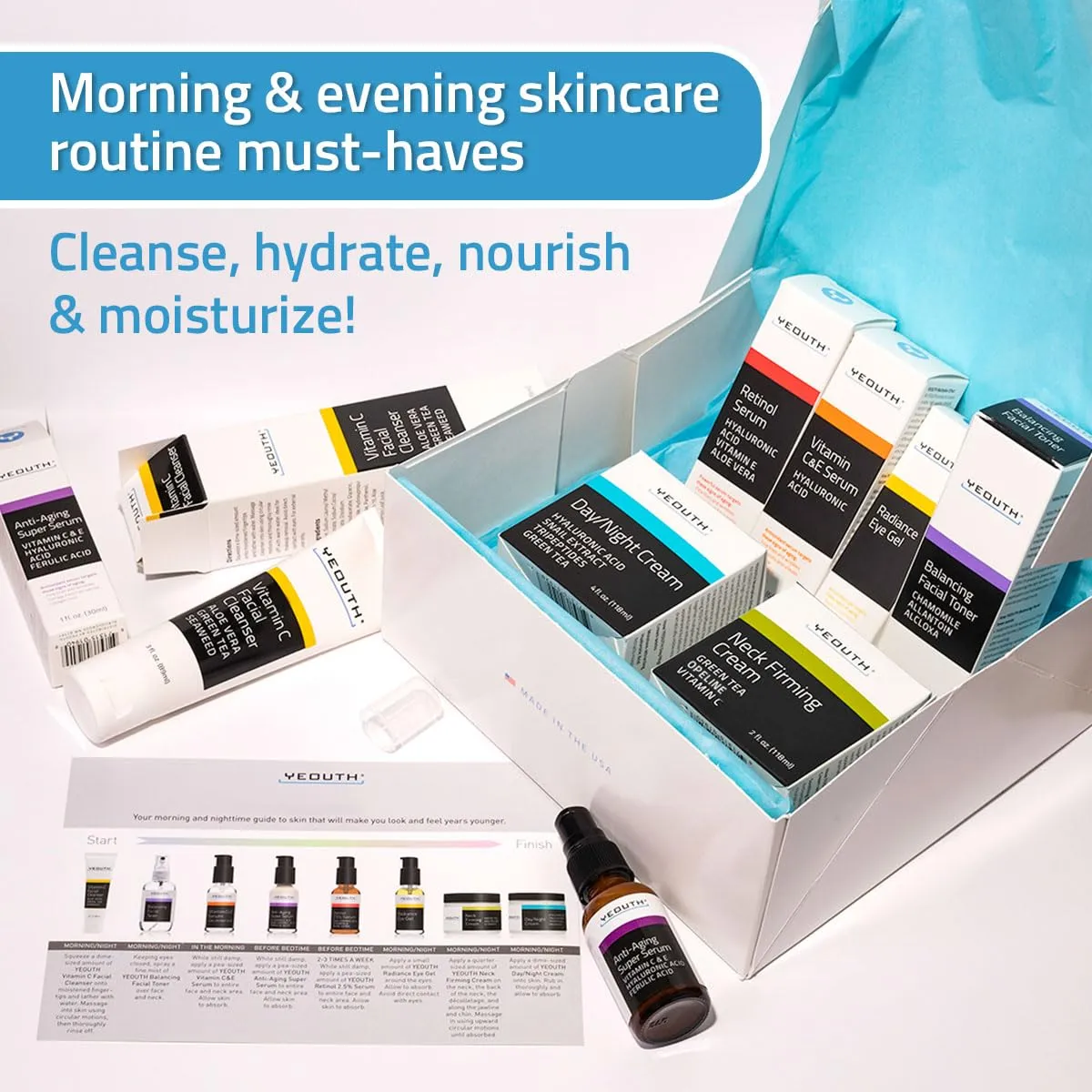 YEOUTH Skin Care Set: Retinol Serum with Hyaluronic Acid, Vitamin C & Super Face Serum, Cleanser, Toner, Eye Gel, Neck Cream, Face Cream 8-Piece Self Care Gifts For Women