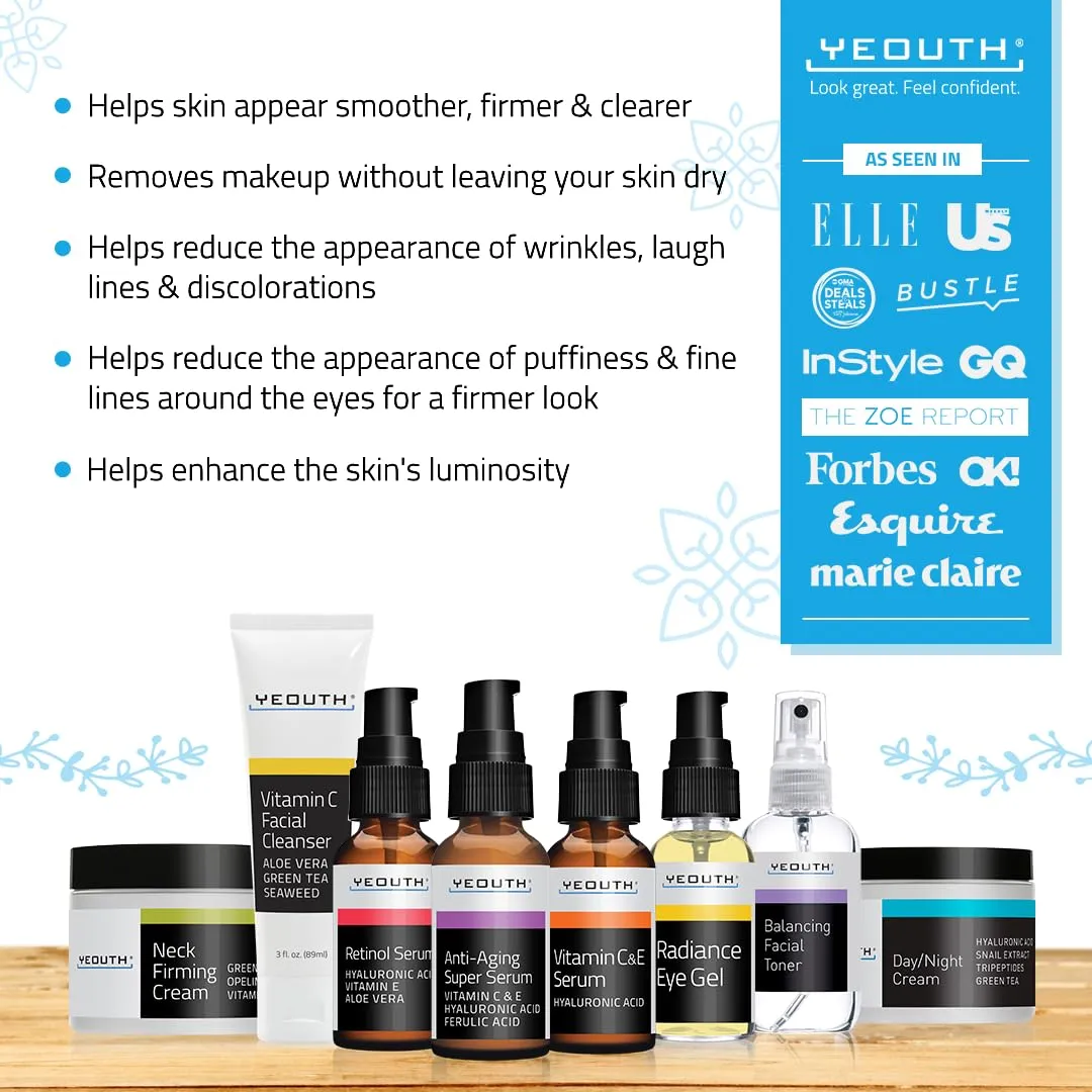 YEOUTH Skin Care Set: Retinol Serum with Hyaluronic Acid, Vitamin C & Super Face Serum, Cleanser, Toner, Eye Gel, Neck Cream, Face Cream 8-Piece Self Care Gifts For Women