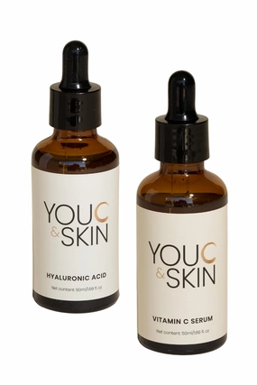 You C & Skin Vitamin C & Hyaluronic Acid Face Serum Duo 1.7 fl oz – Brightening & Hydrating Skincare Set for All Skin Types, Radiant Glow, and Plump, Healthy-Looking Skin