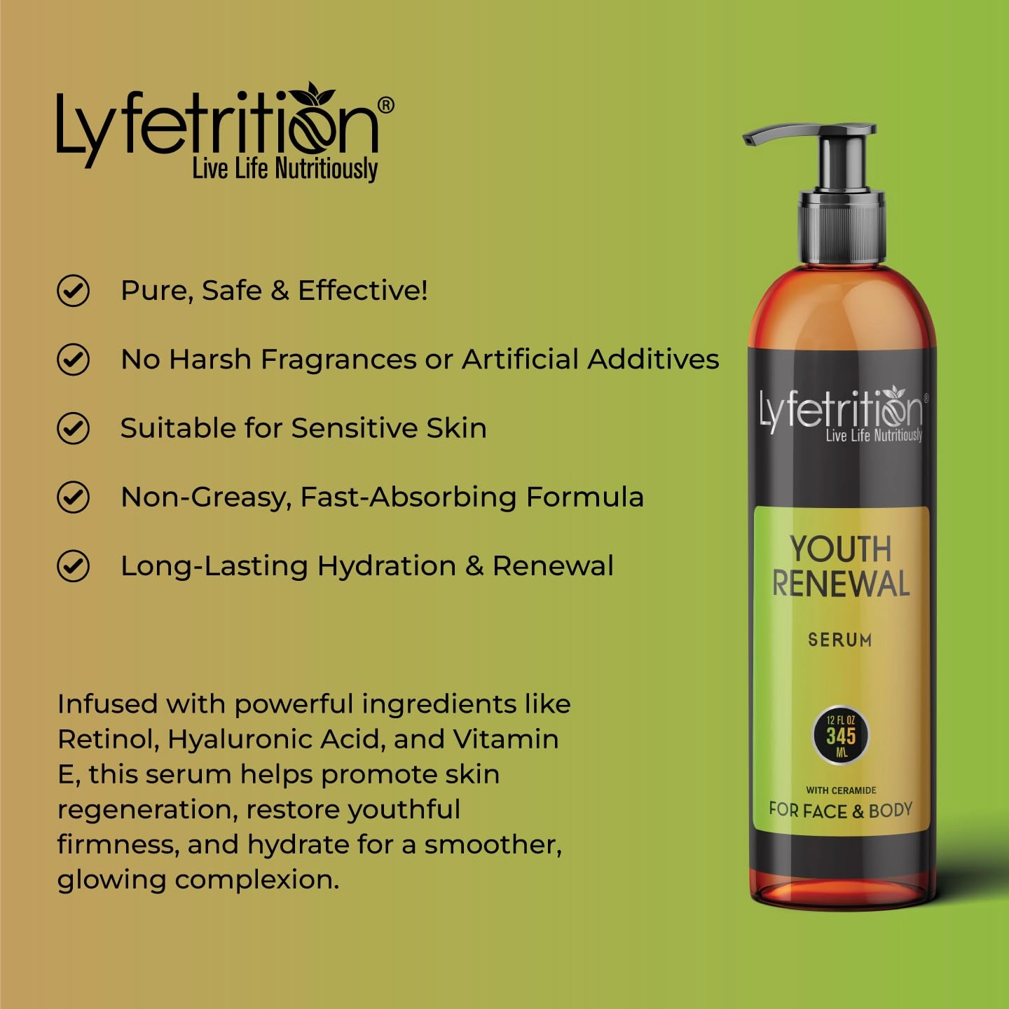 Youth Renewal Serum (Skin and Face Formula) | 12 fl oz Large Bottle | With Aloe and Retinol