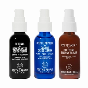 Youth To The People Facial Serum Trio, 3-Pc Face Serums Bundle Set, Retinal   Niacinamide (1oz)   15% Vitamin C   Caffeine (1oz)   Triple Peptide   Cactus Oasis (1oz), All Skin Types