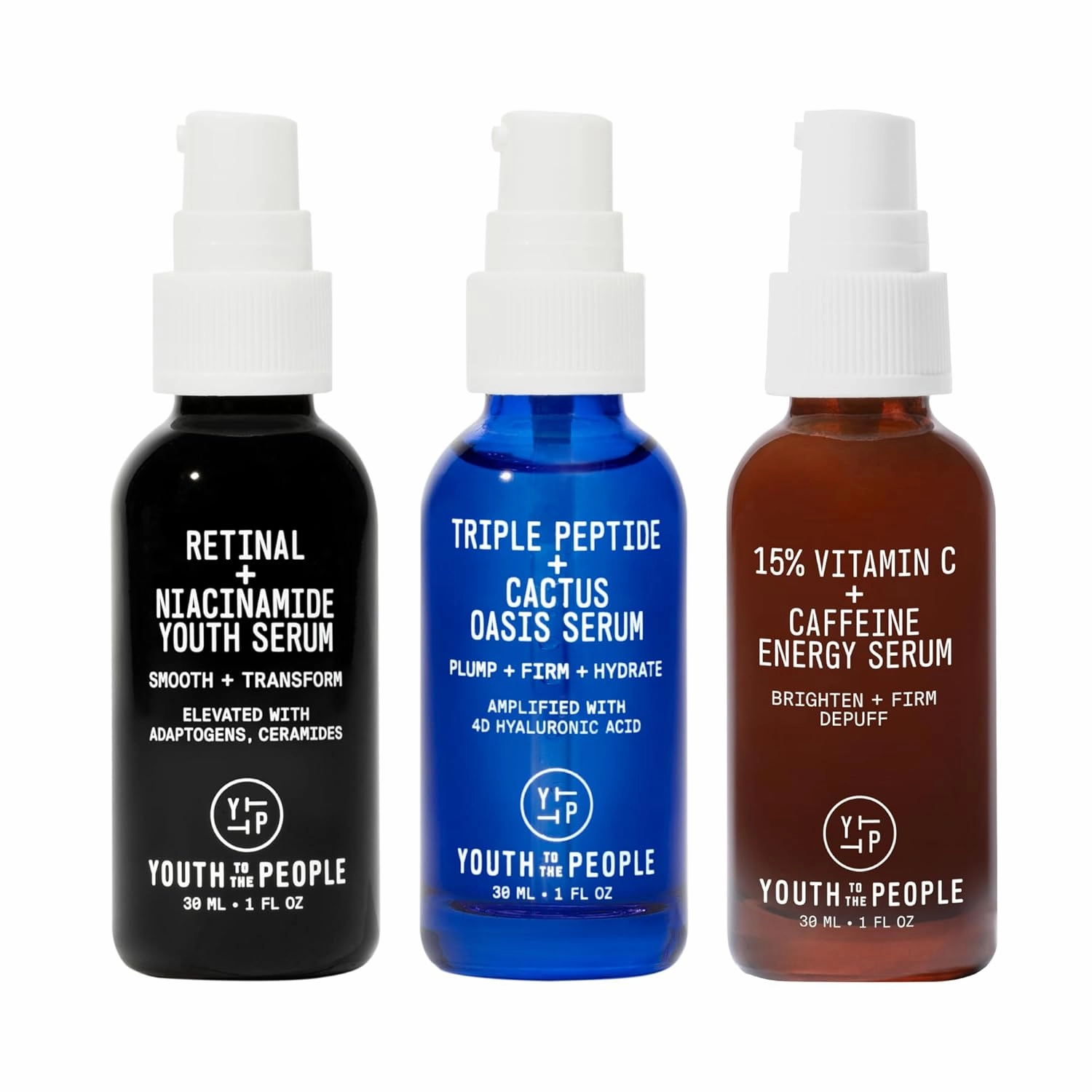 Youth To The People Facial Serum Trio, 3-Pc Face Serums Bundle Set, Retinal   Niacinamide (1oz)   15% Vitamin C   Caffeine (1oz)   Triple Peptide   Cactus Oasis (1oz), All Skin Types