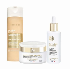 Yves Rocher Anti-Age Global Radiance Activator Lotion Skin Radiance by 75% Hydrating Face Lotion Day Care Cream and Serum Set of 3 - 122ml / 4.1 flOz and 50 ml./1.7 fl.oz.