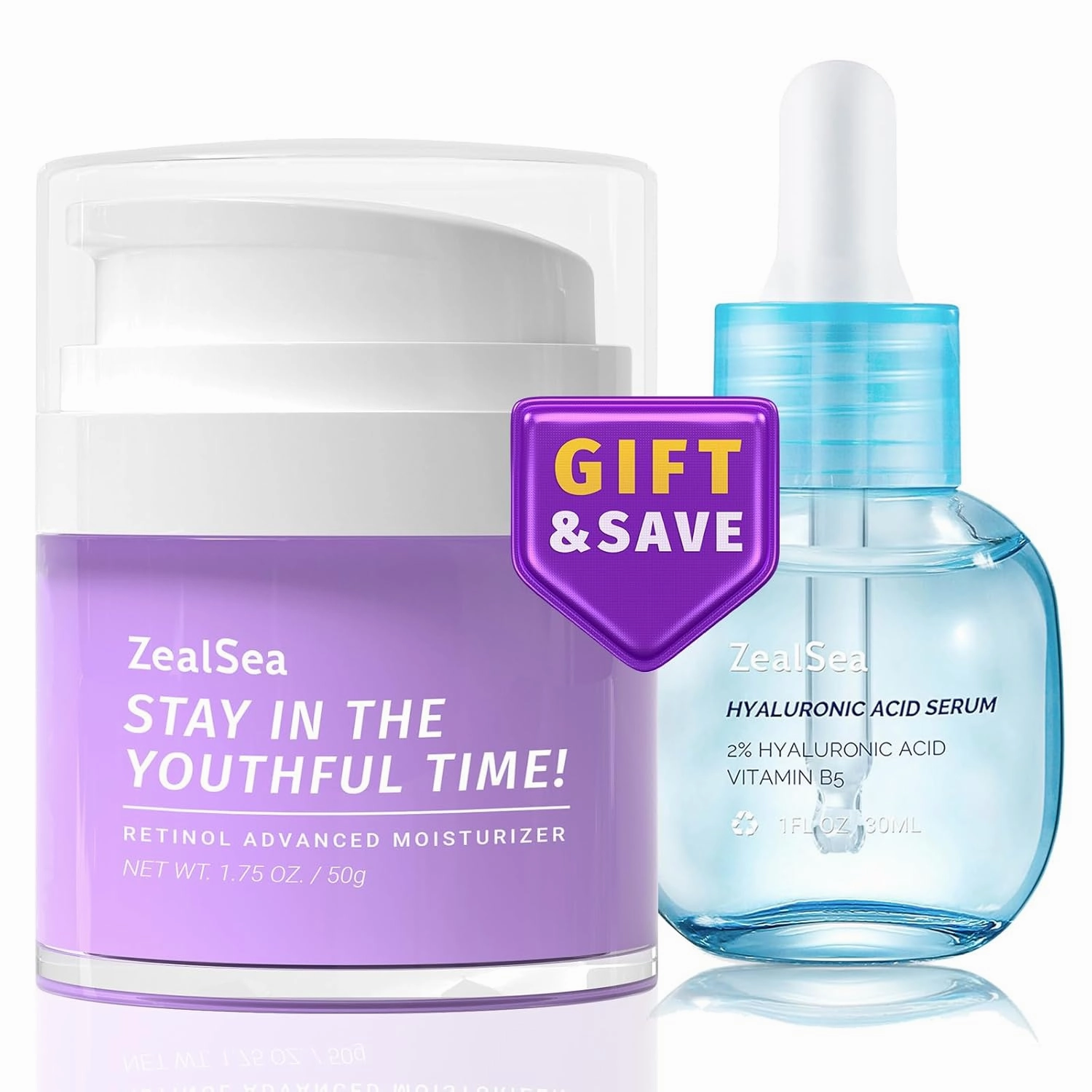 Zealsea Hydration Boost and Renewal Set: 2% Hyaluronic Acid Serum and Anti-aging Retinol Cream Revitalize Youthful Radiance.