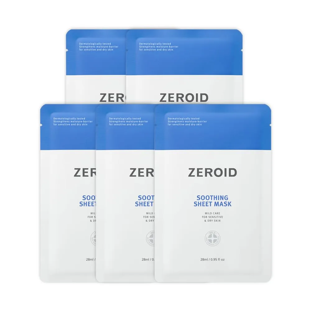 ZEROID | Soothing Sheet Mask | Face Masks Skincare for Sensitive and Dry Skin | Korean Face Mask with Hyaluronic Acid & Ceramide | Hydration & Skin Barrier Enhancement | Pure Cotton Sheet | 5 Sheets